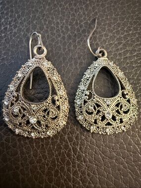 Vintage Silver Filigree Teardrop Earrings with Crystal Accents